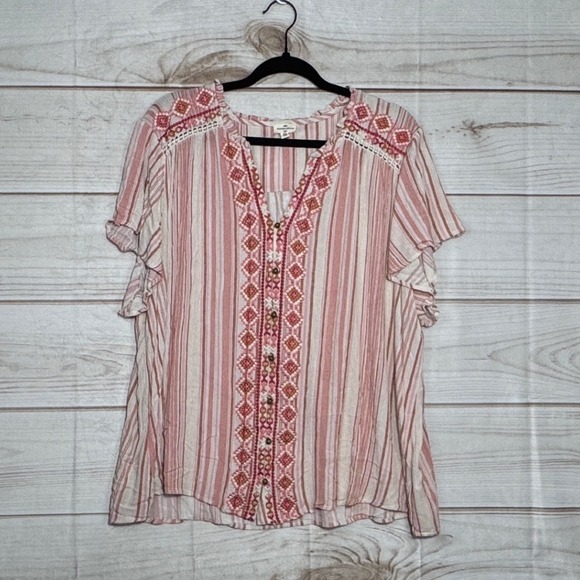 mason & belle Tops - Mason & Belle Pink Red Striped Embroidered V-Neck Flutter Sleeve Blouse 3X